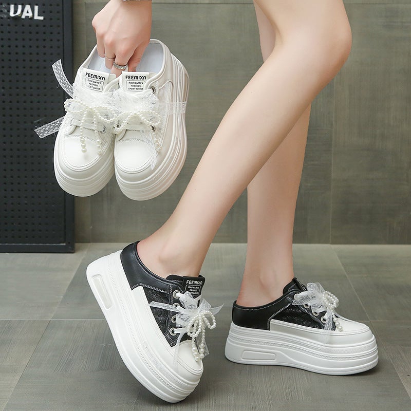 2025 Fashion Height-Increasing Closed-Toe Mules For Outdoor Wear, Lazy Thick-Soled Platform Delicate Mules, White Shoes - Image 4